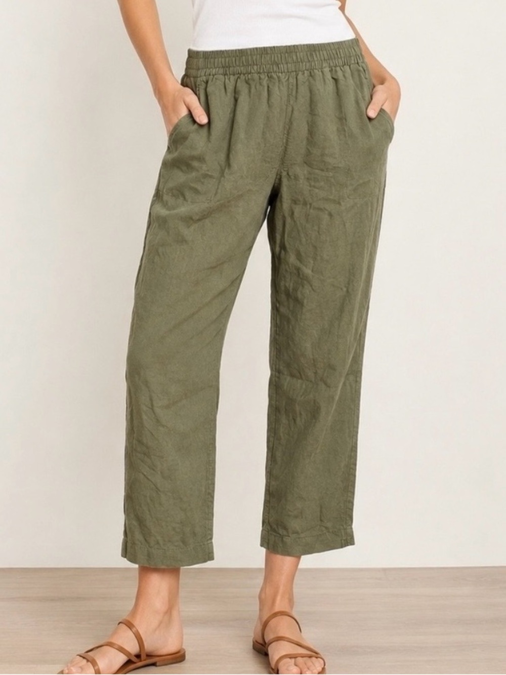 Old Navy Olive Green Linen-blend Staright Leg Ankle Elastic Waist Pants Size XS